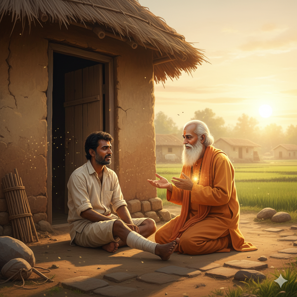 A saint consoles the injured trader with compassion